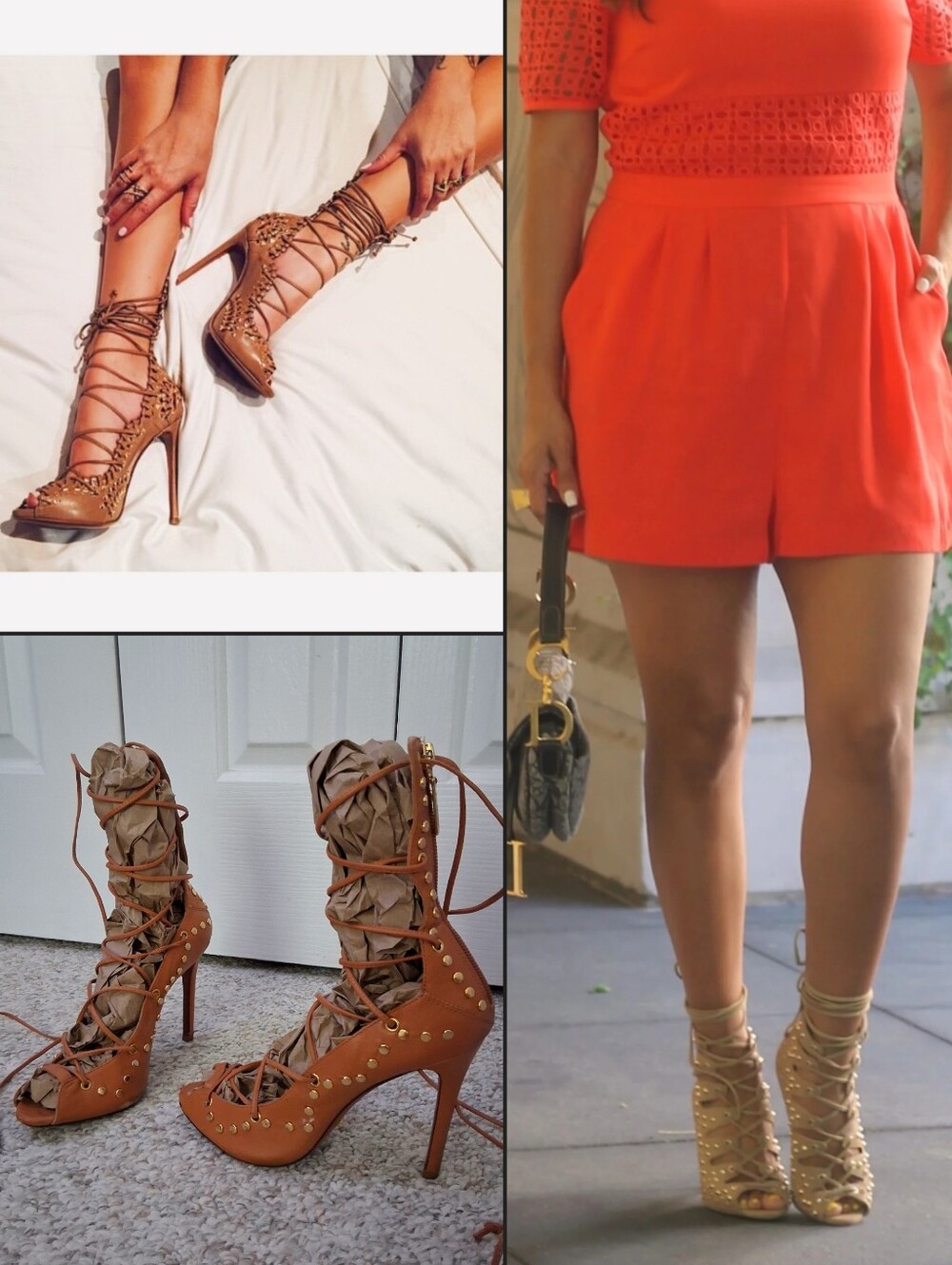 SHUTZ Genuine Leather Brown Studded Lace-Up High Heels